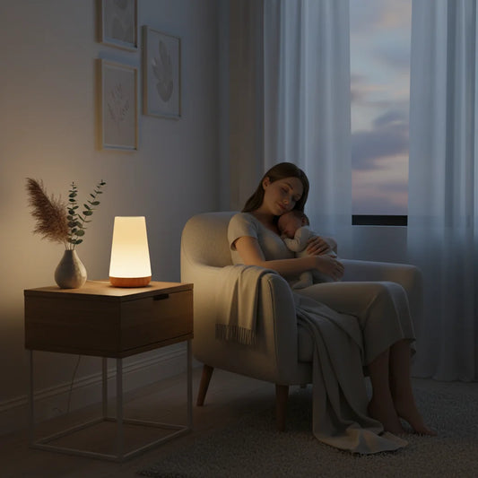 Bedside lamp mother child sleeping warm glow