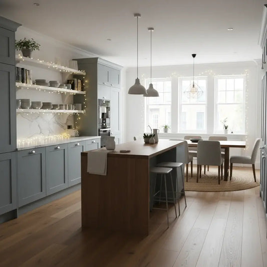 Cool white silver wire lights in modern British kitchen