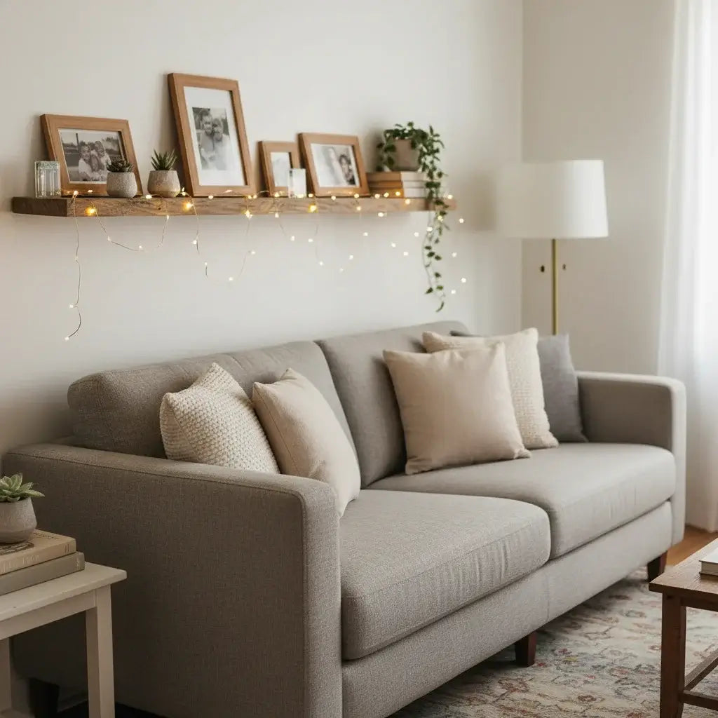 Copper lights on floating shelf