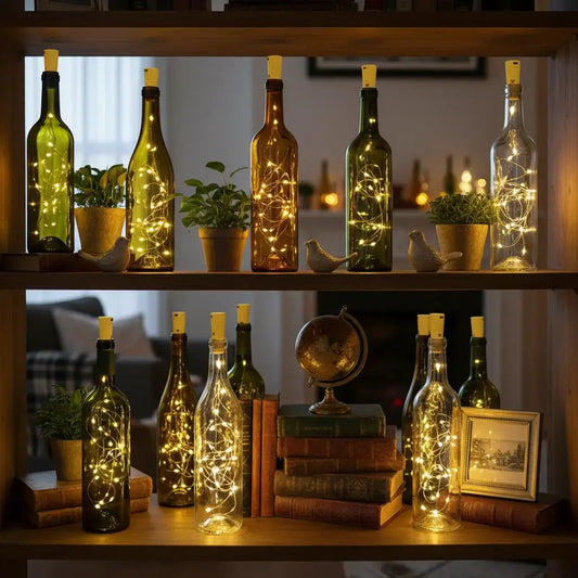 Cork bottle lights shelf display