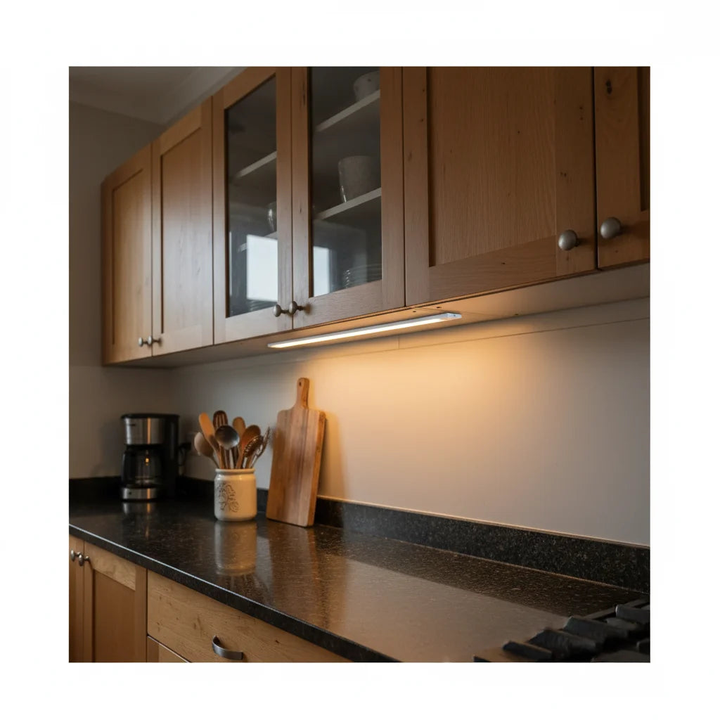 Documentary kitchen photo medium shot with lamp visible