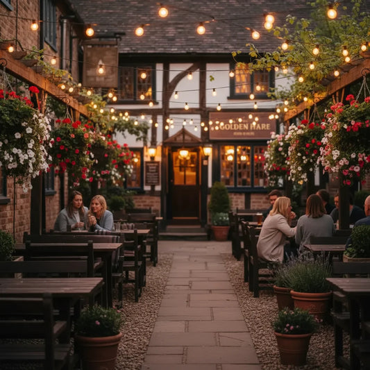 Festoon lights British pub garden