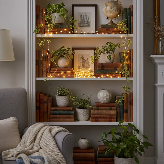 Micro LED battery fairy lights decorating bookshelf with plants and books - warm white copper wire string lights