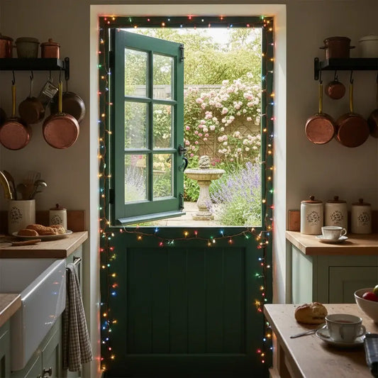 Multicolour copper wire fairy lights around British cottage stable door