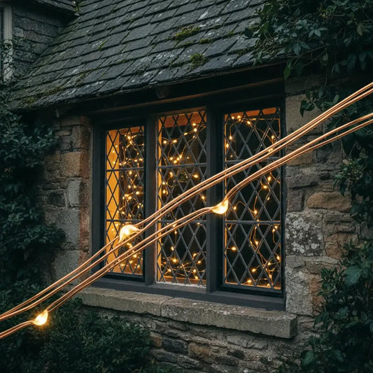 Photorealistic warm white copper wire fairy lights British cottage leaded window