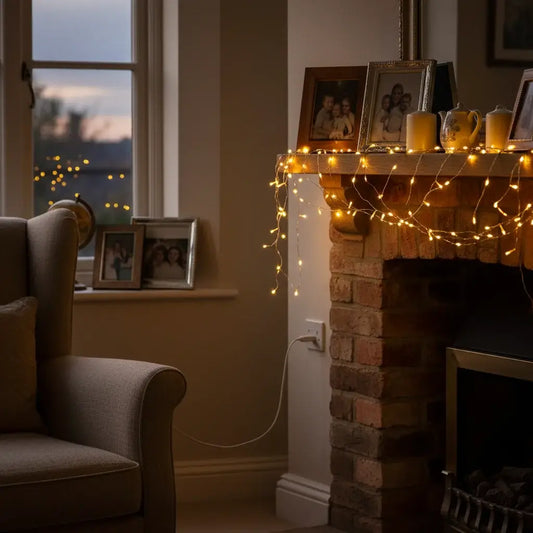 Warm white LED lights on fireplace mantel