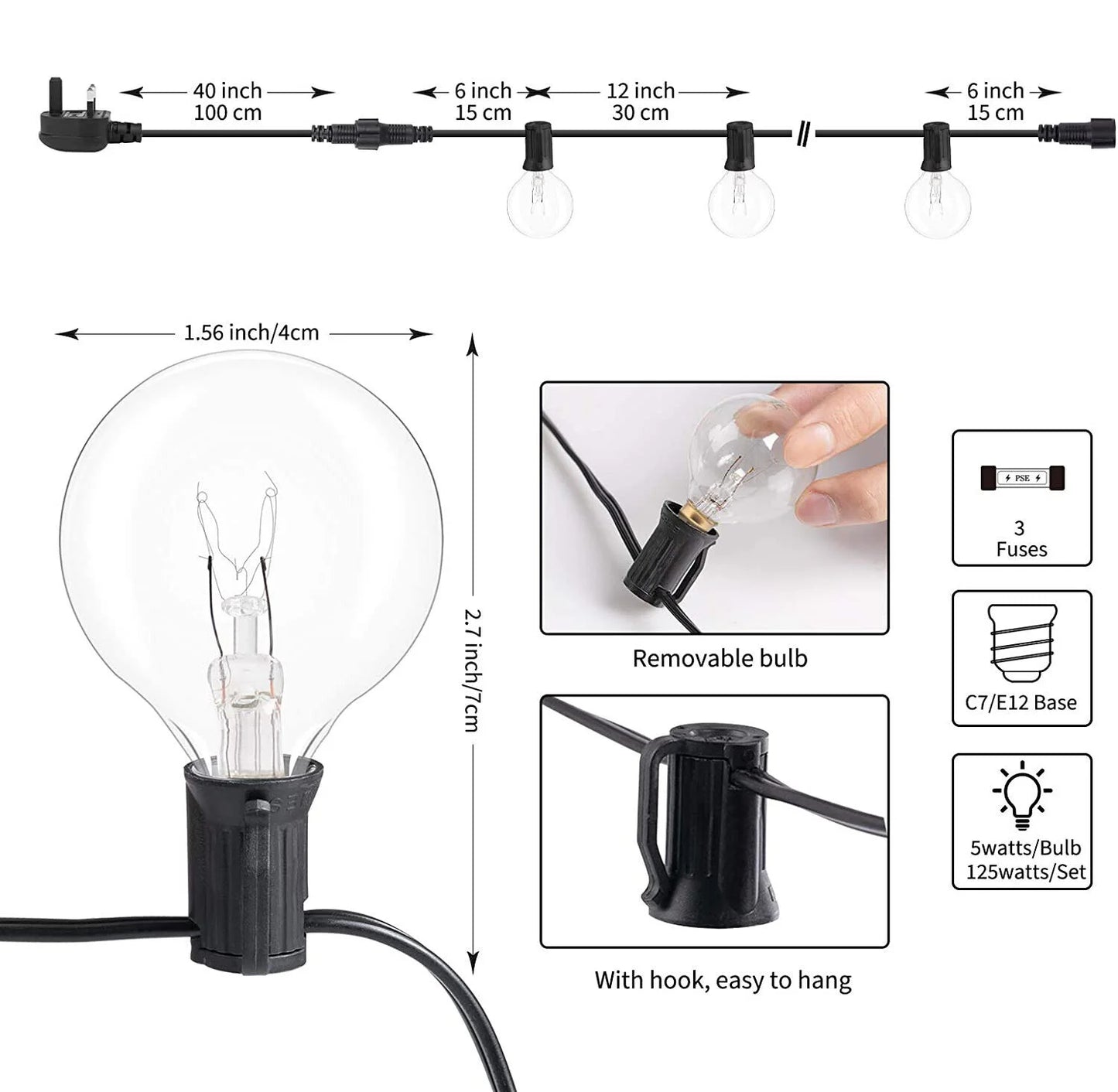 Festoon Party Lights Clear Cap Connectable - 30FT/50FT