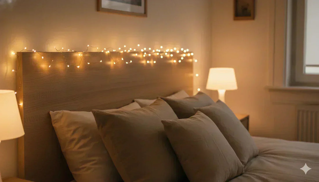 Multicolour USB powered fairy lights on a bedroom bed