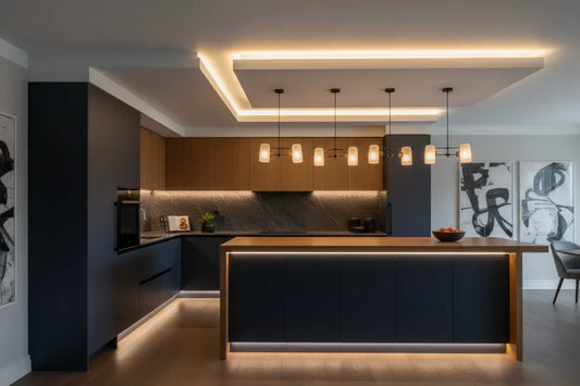 premium modern interior with seamless COB LED strip lighting integrated into contemporary design elements