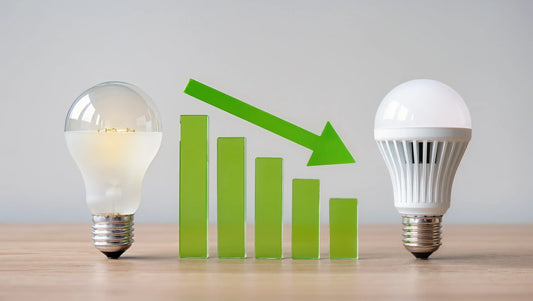 Traditional bulb and LED bulb with energy reduction graphic