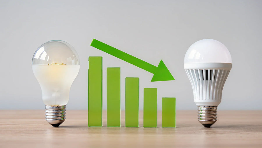 Traditional bulb and LED bulb with energy reduction graphic