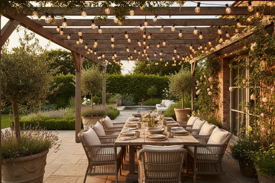 Garden patio with festoon lights creating warm ambience at golden hou