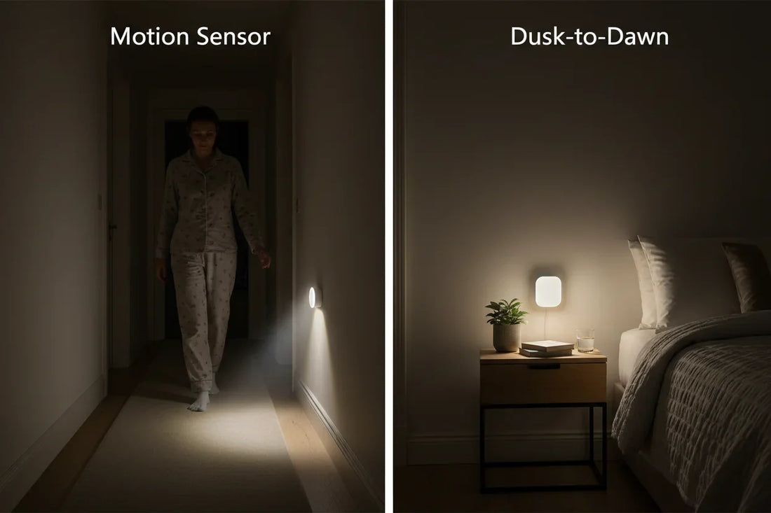 the difference between motion sensor activation in a hallway versus the steady dusk-to-dawn glow in a bedroom