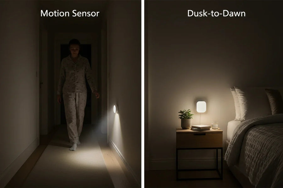 the difference between motion sensor activation in a hallway versus the steady dusk-to-dawn glow in a bedroom