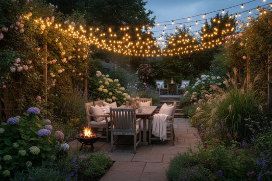 UK garden patio with outdoor festoon lights creating warm evening ambience above seating area