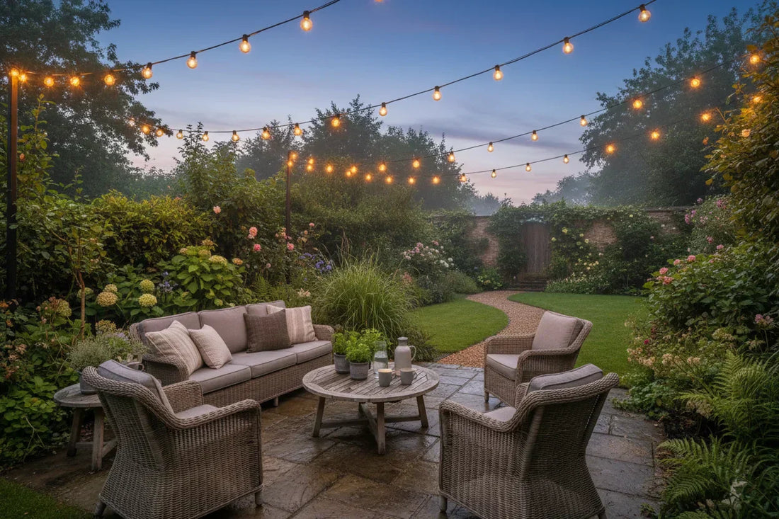 Festoon lights glowing over UK garden patio at dusk