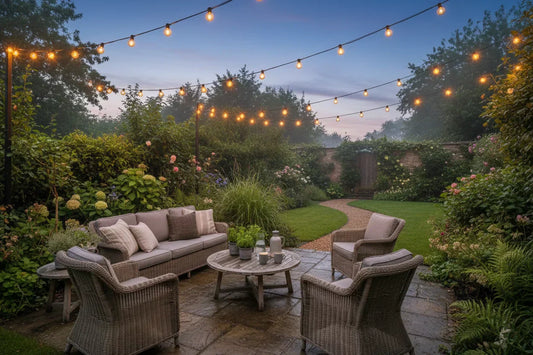 Festoon lights glowing over UK garden patio at dusk