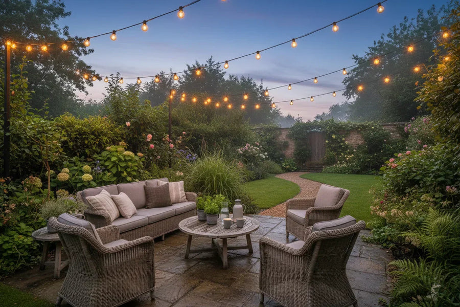 Festoon lights glowing over UK garden patio at dusk