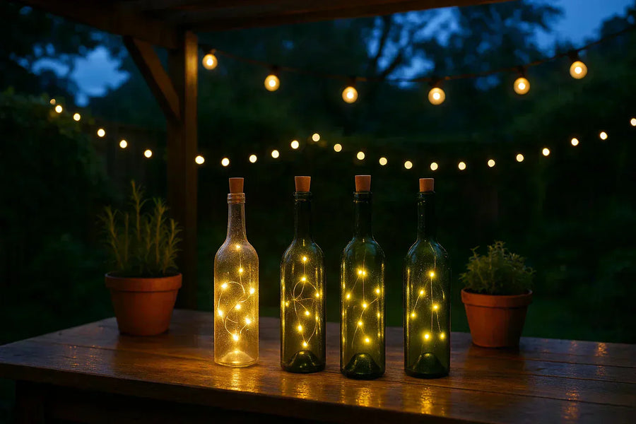 Wine bottle lights with cork displayed outdoors at dusk on a wooden bar table for decorative inspiration.