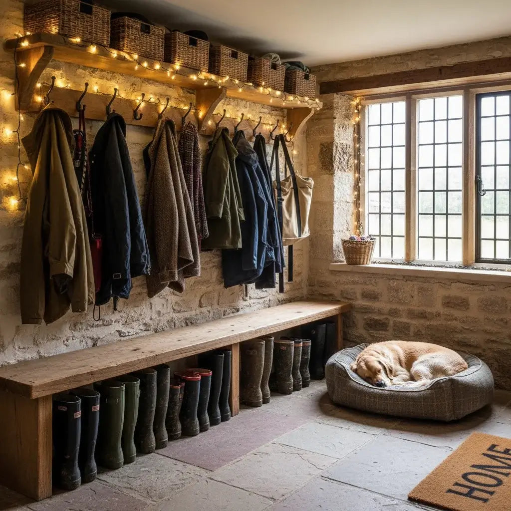 100 LED 10m fairy lights in British boot room with wellies