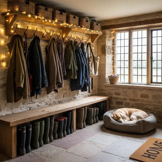 100 LED 10m fairy lights in British boot room with wellies