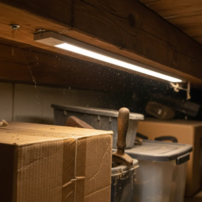 Attic storage - close-up detail of LED light and objects