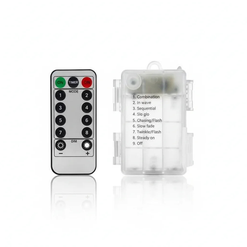 Battery operated micro fairy lights remote control and battery box front view with mode settings