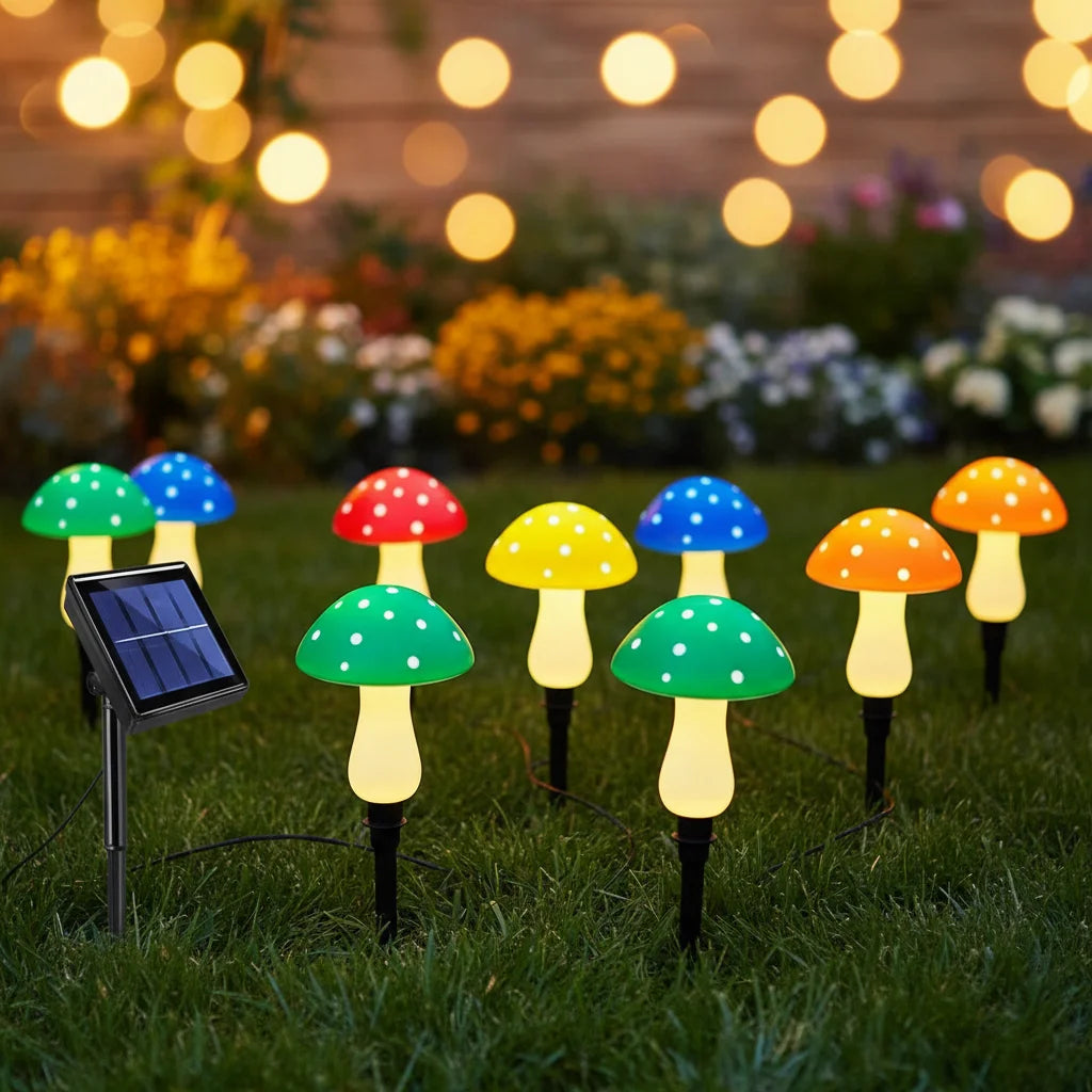 Colourful mushroom lights in evening garden