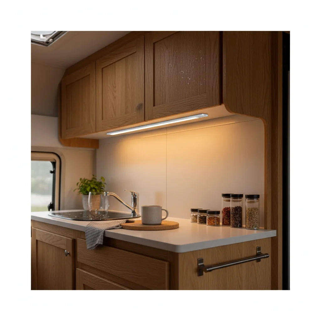 Commercial product photo - under-cabinet LED light in camper van kitchen