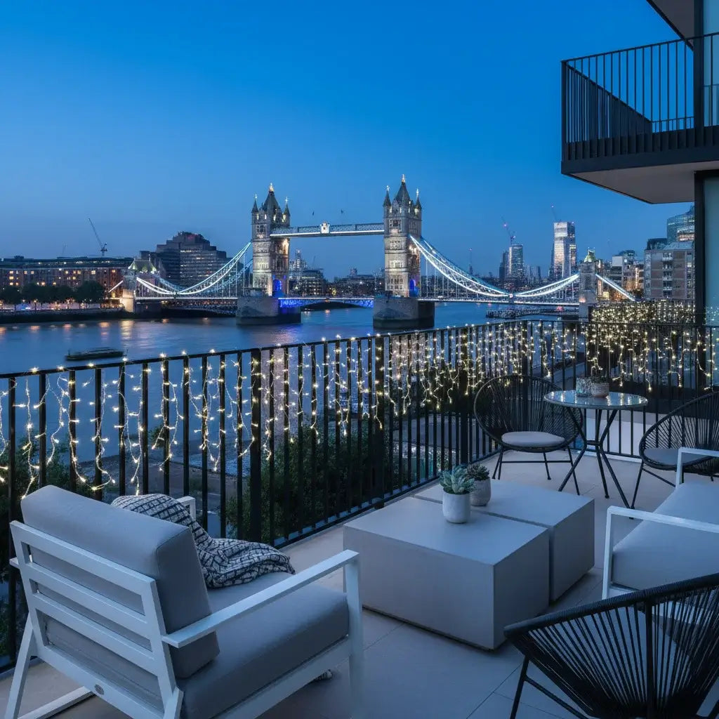 Cool white lights on Thames balcony