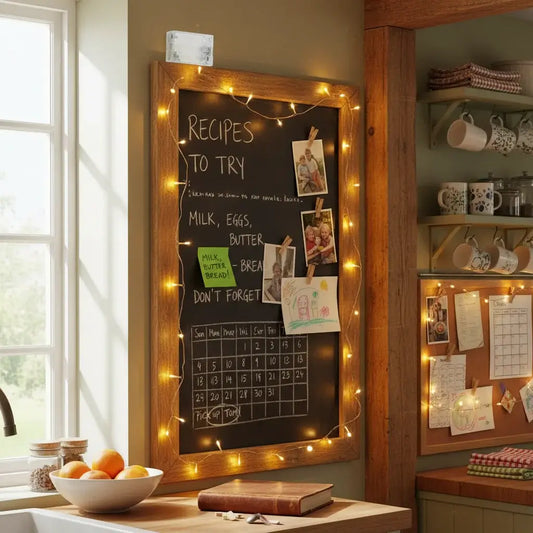 Copper lights around kitchen chalkboard