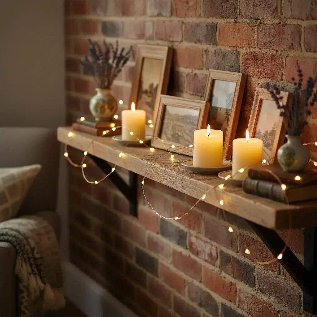 Copper lights on rustic shelf