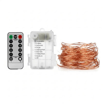 Close up of micro LED lights on copper wire showing bright LED bulbs and flexible wire construction