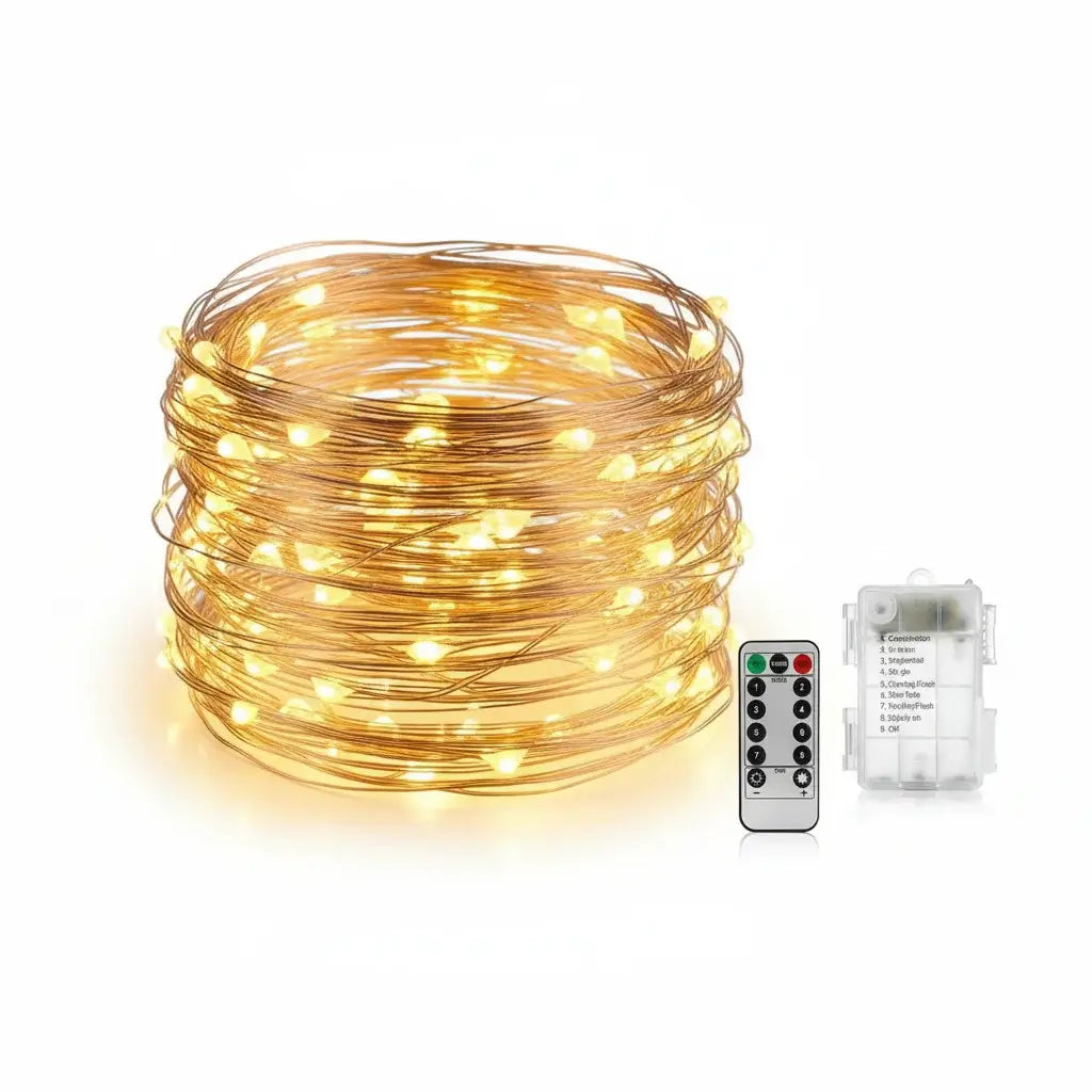 Battery operated micro LED fairy lights with remote control in warm white - copper wire string lights for home decoration