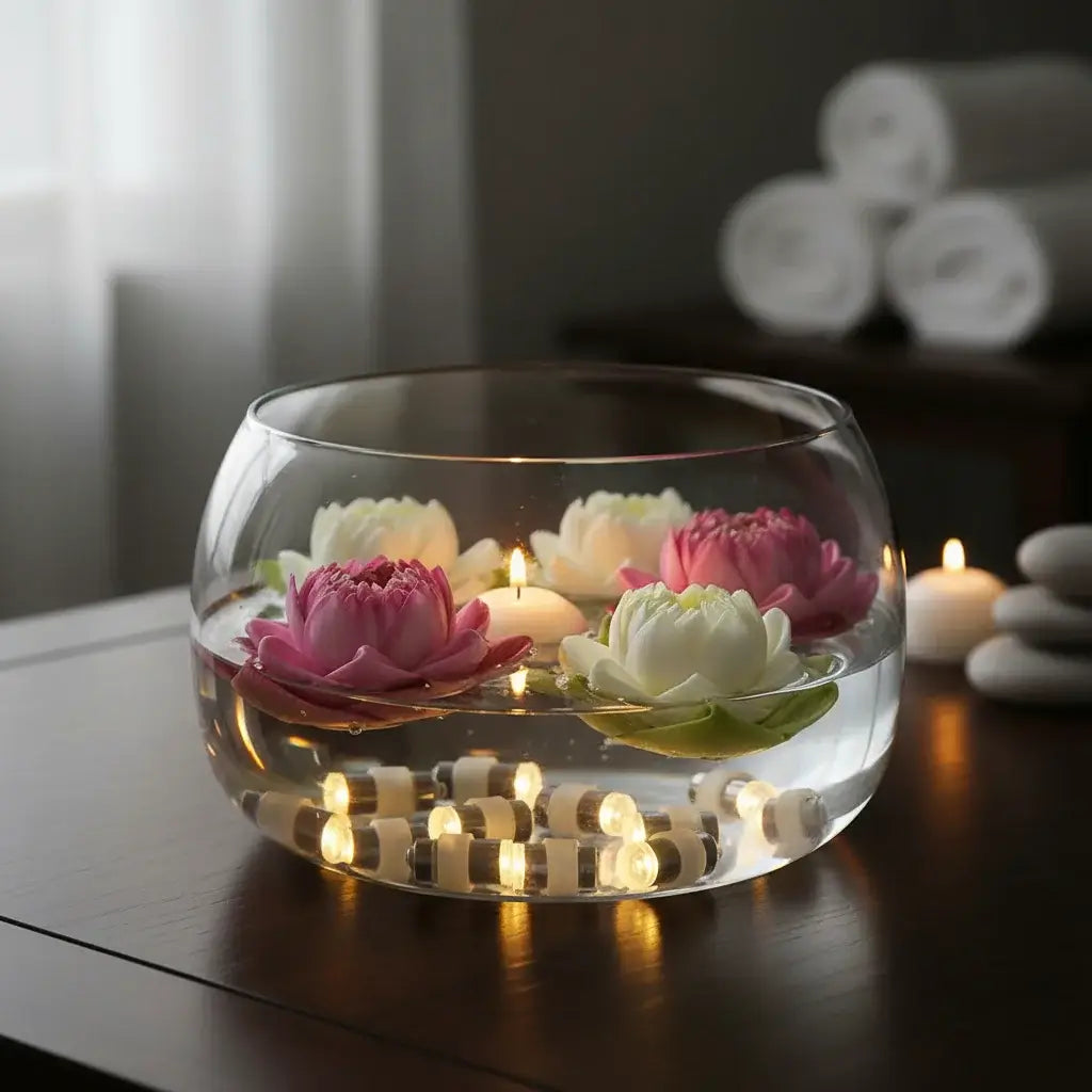 LED lights in floating candle bowl