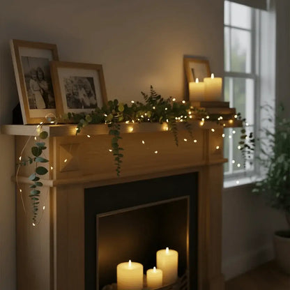 Battery micro LED fairy lights decorating mantelpiece with eucalyptus and candles - warm white copper wire lights