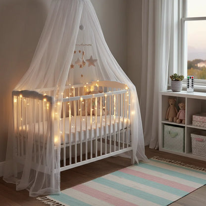 Battery micro LED fairy lights in nursery with canopy cot creating soft ambient lighting - warm white copper wire lights