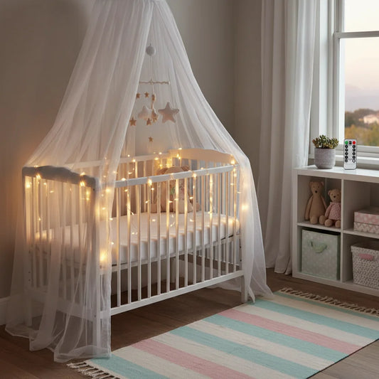 Battery micro LED fairy lights in nursery with canopy cot creating soft ambient lighting - warm white copper wire lights