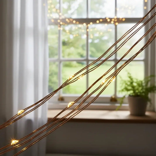 Photorealistic warm white copper wire fairy lights British sash window