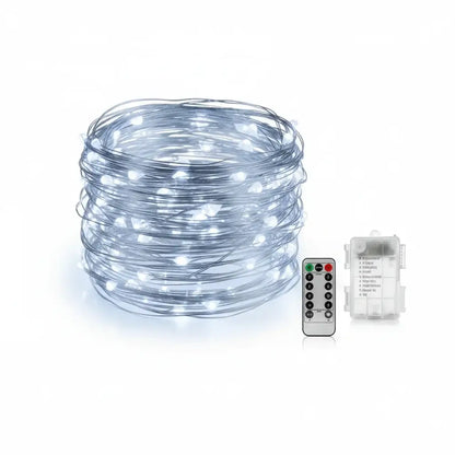 Battery operated micro LED fairy lights with remote control in cool white - copper wire string lights for home decoration