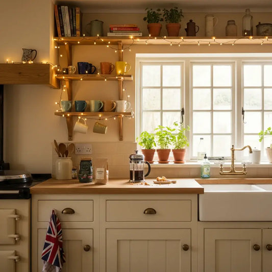 Realistic 100 LED 10m fairy lights in British kitchen
