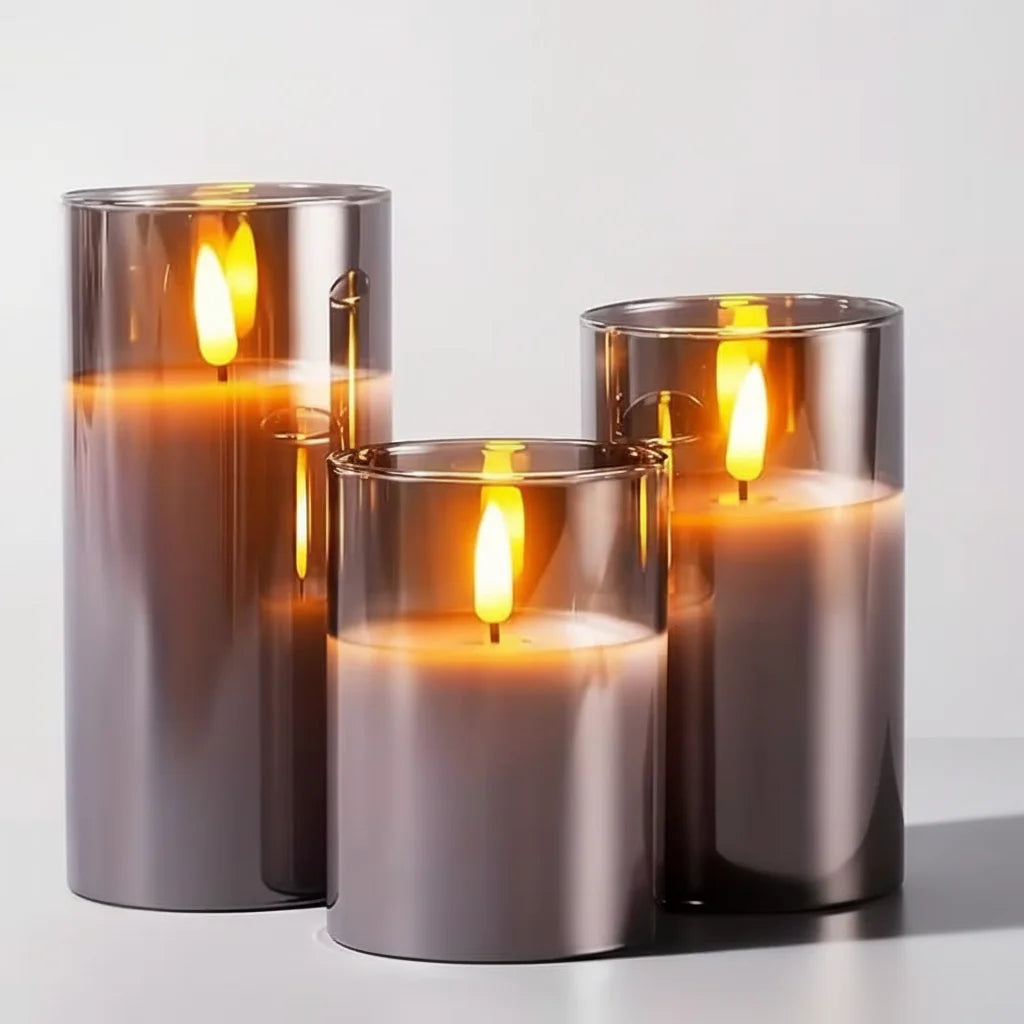 Realistic flickering led candles grey glass