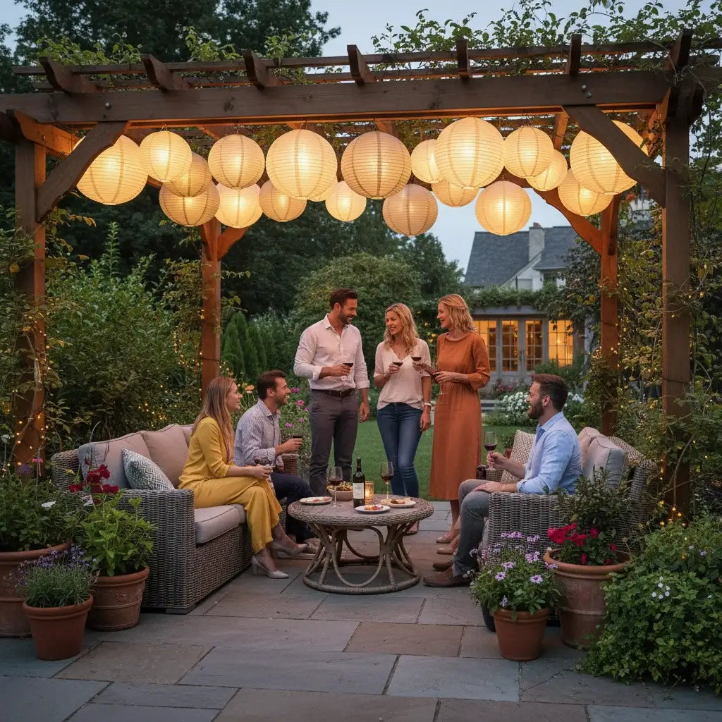 Realistic LED lanterns evening garden party