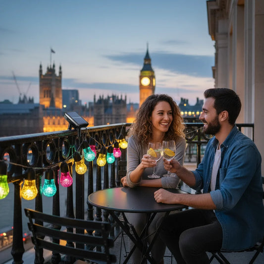 Solar lights London balcony big ben couple evening