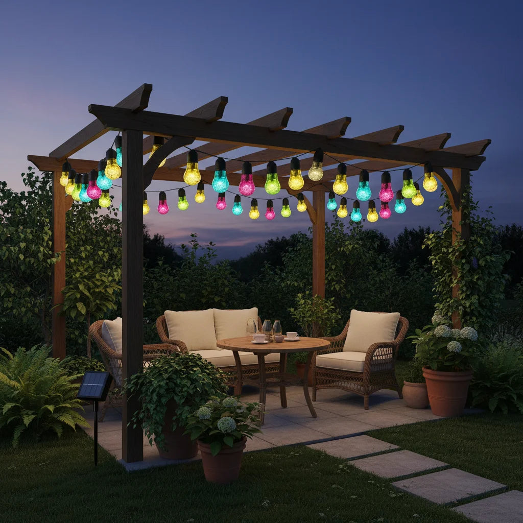 Solar lights pergola realistic proportions twilight