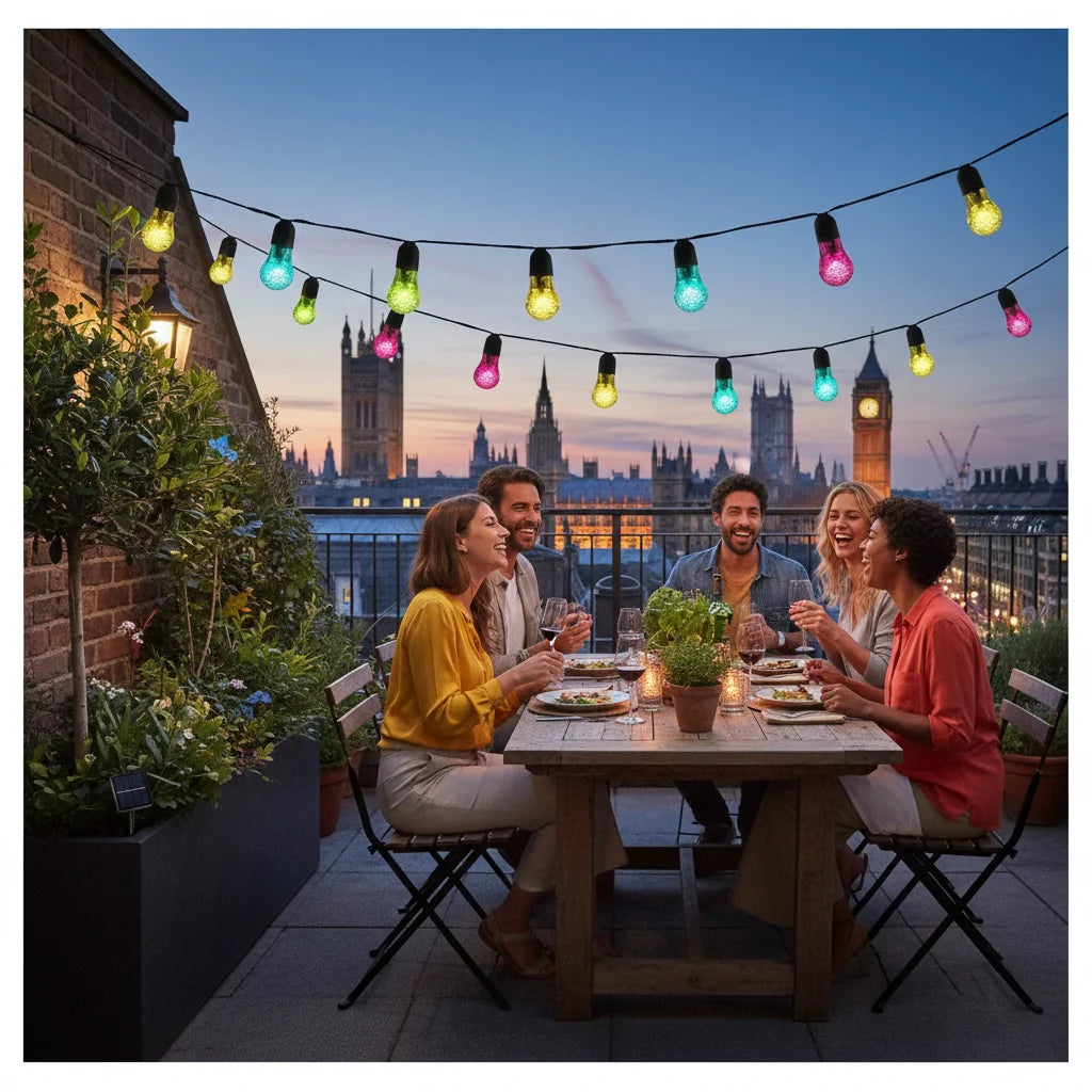 Solar string lights Westminster abbey rooftop friends