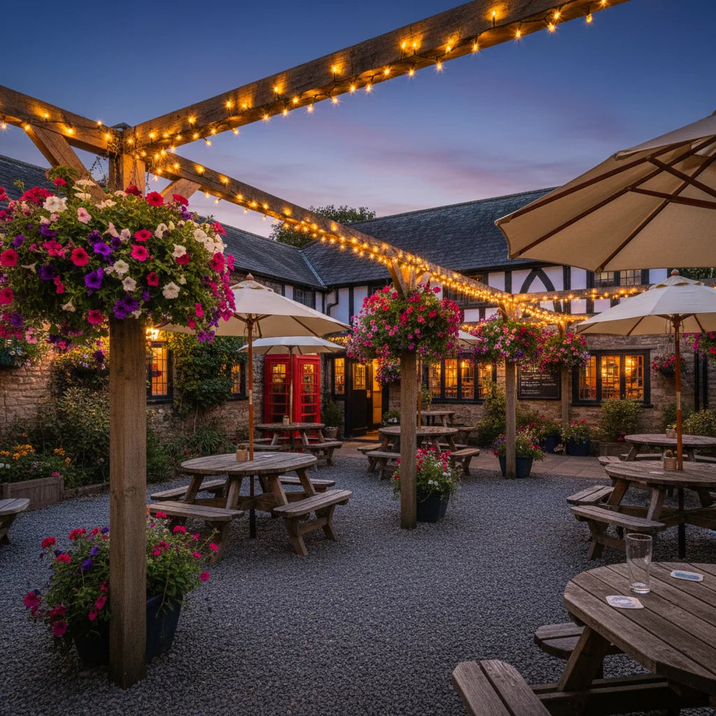 Traditional pub garden warm white lights