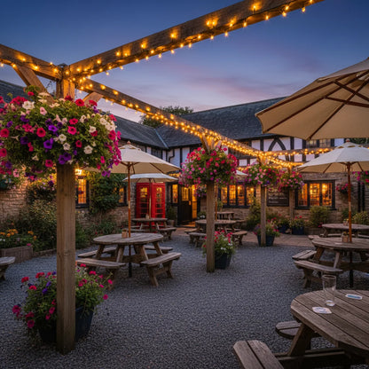 Traditional pub garden warm white lights