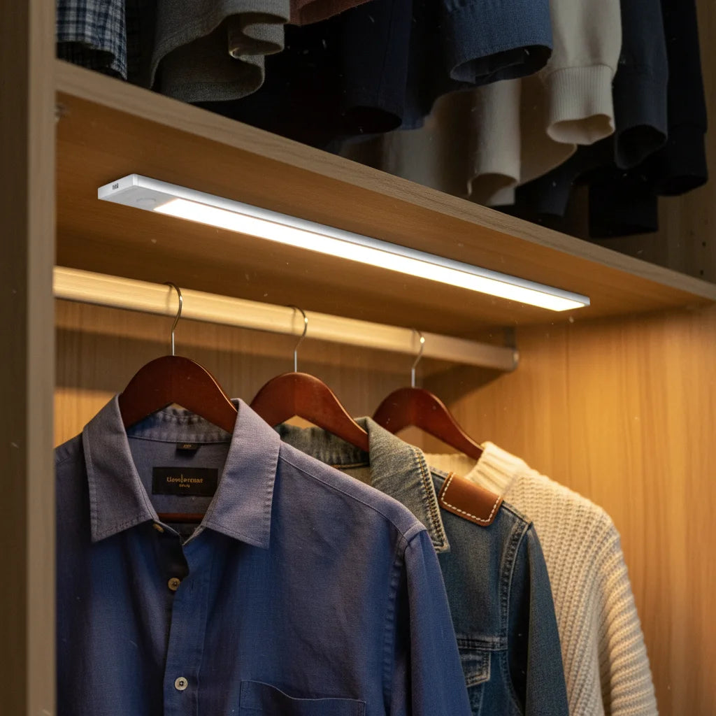 Wardrobe interior - close-up of light on fabrics