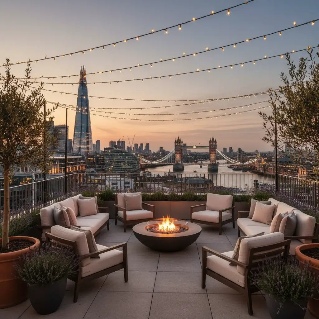Warm white fairy lights on London rooftop terrace